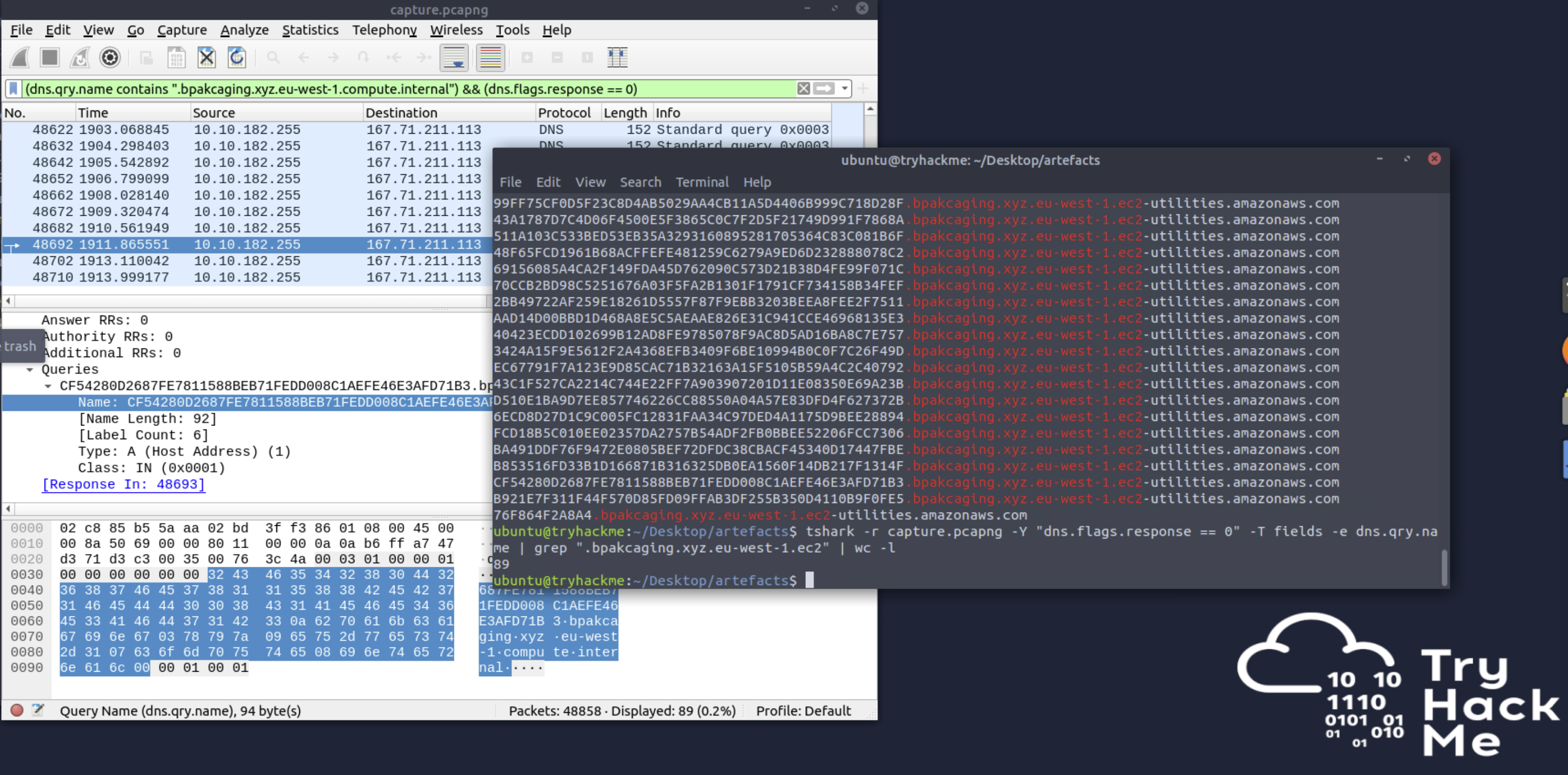 tshark command extracting DNS query names, piped through grep for exfil subdomain and wc -l returning 89 queries total — full exfiltration data split across 89 DNS requests