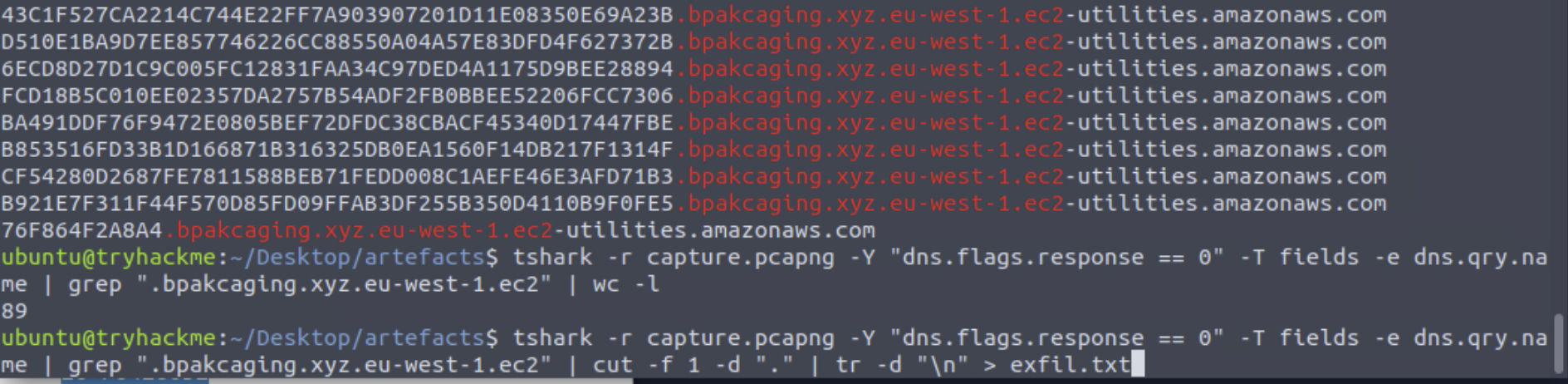 Full tshark pipeline — extracting dns.qry.name, grepping for the exfiltration subdomain, cutting on dot to isolate the first label, removing newlines with tr, redirecting to exfil.txt