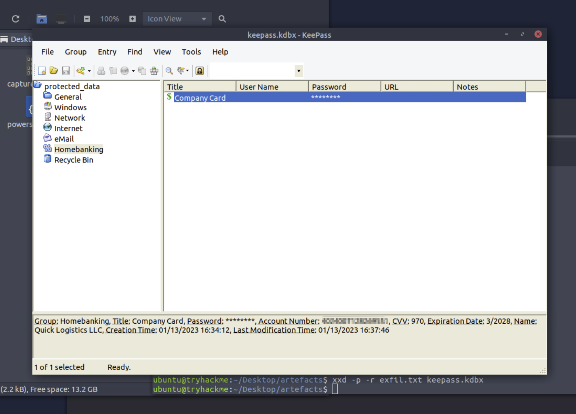 Recovered keepass.kdbx opened in KeePass showing Homebanking category with Company Card entry — stolen credit card details including account number 4024007128269551 and CVV 970 for Quick Logistics LLC
