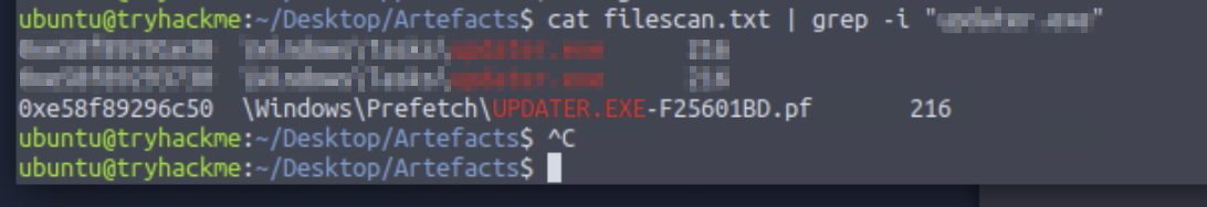 filescan filtered with -i flag also showing UPDATER.EXE-F25601BD.pf in Windows\Prefetch — confirms the binary was executed