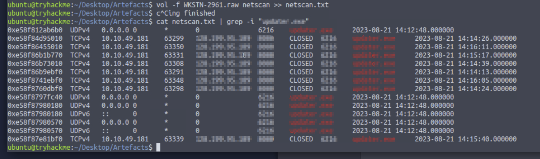 Volatility netscan output filtered for updater.exe — multiple CLOSED TCP connections from 10.10.49.181 to 128.199.95.189:8080, PID 6216, timestamps 14:12–14:16