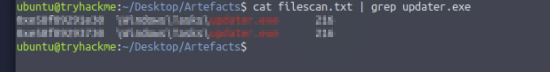 Volatility filescan filtered for updater.exe — found in Windows\Tasks directory at two memory addresses