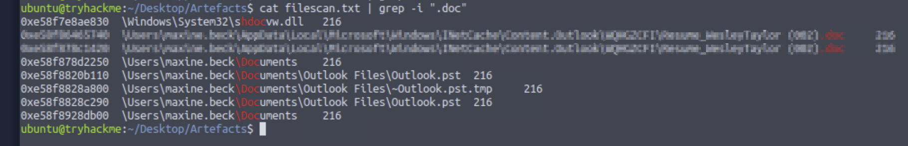 Volatility filescan output filtered for .doc files — Resume_WesleyTaylor (002).doc found in maxine.beck INetCache and Documents paths