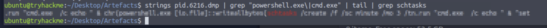 strings on PID 6216 minidump filtered for schtasks — shows schtaskscreatefsc minutemo 3tn run cmd.exe command fragment