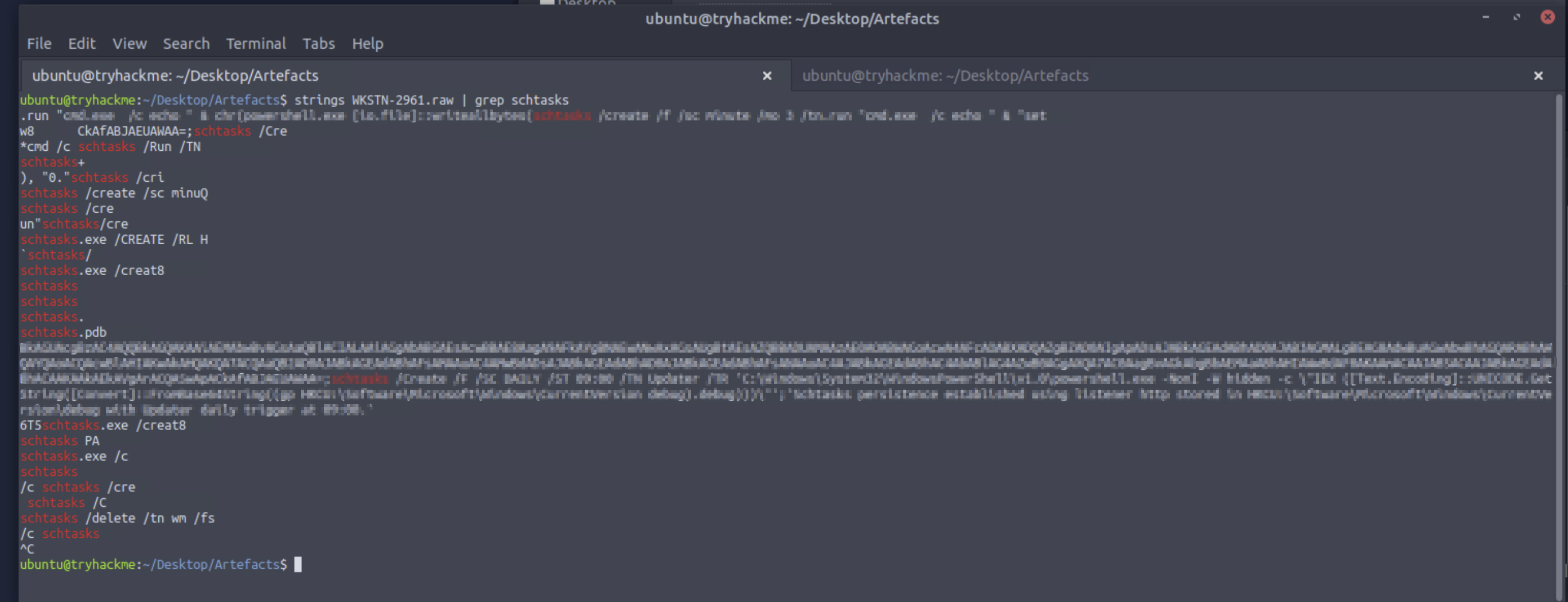 strings on full memory dump filtered for schtasks — shows complete scheduled task creation: schtasksCreateFSC DAILYST 09:00TN Updater with Base64-encoded PowerShell payload reading from HKCU registry key