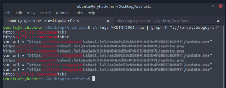 strings on raw memory dump piped through grep -P with Perl regex pattern matching boogeyman URLs — shows full download URL https://files.boogeymanisback.lol/.../update.exe and var url assignment