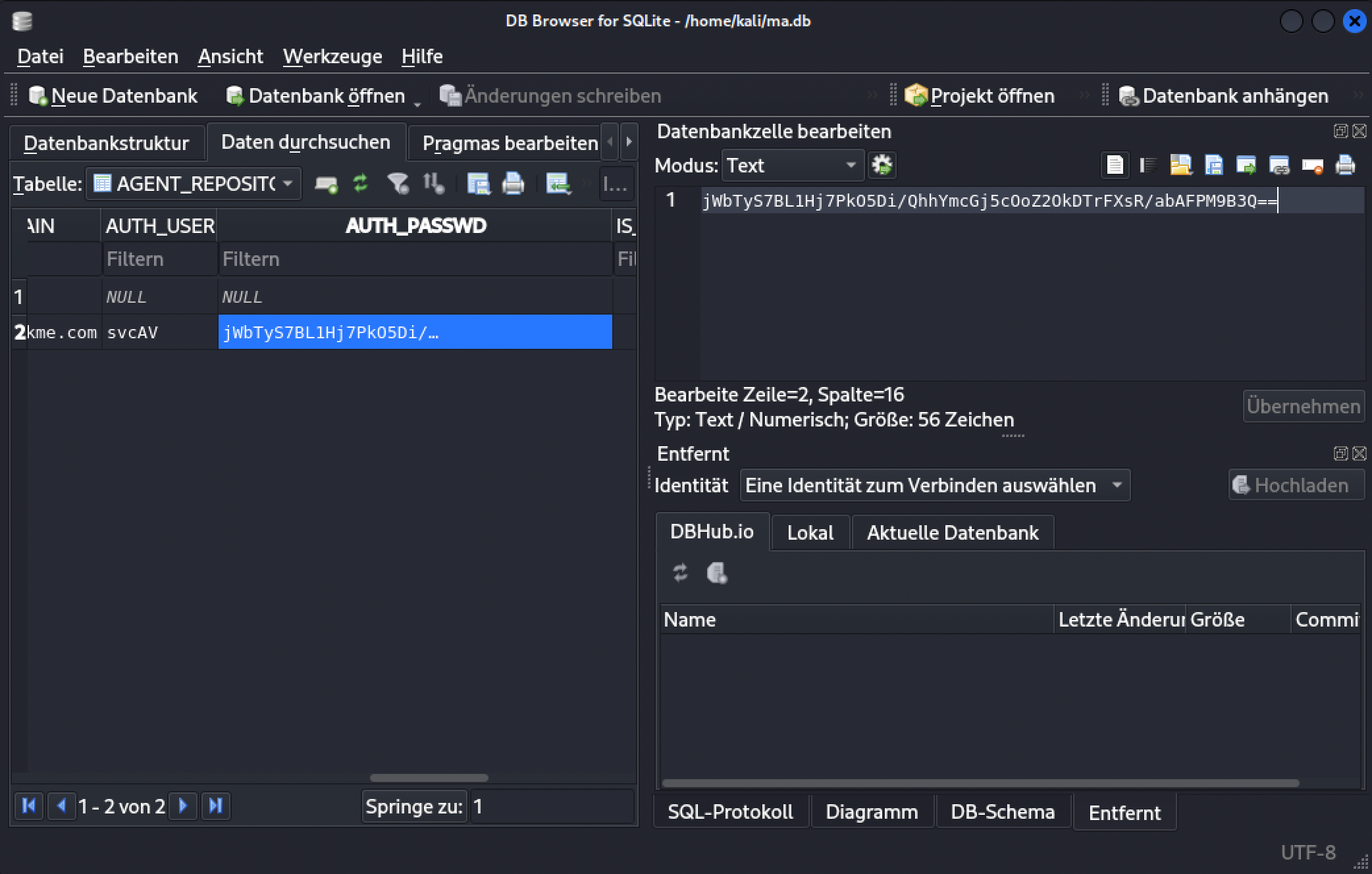 sqlitebrowser showing the second AGENT_REPOSITORIES row, with the svcAV username and a base64-looking encrypted AUTH_PASSWD value selected