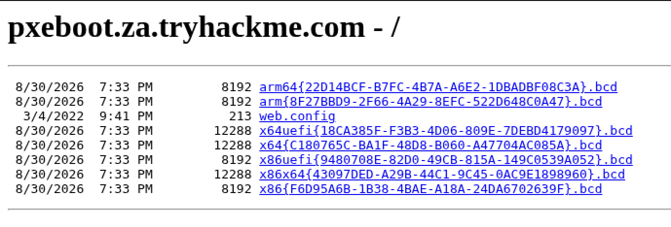 The pxeboot.za.tryhackme.com directory listing, showing the BCD files for each supported boot architecture