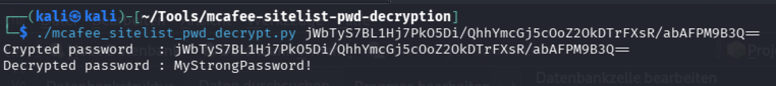 The mcafee_sitelist_pwd_decrypt.py script run against the encrypted password, printing the decrypted plaintext