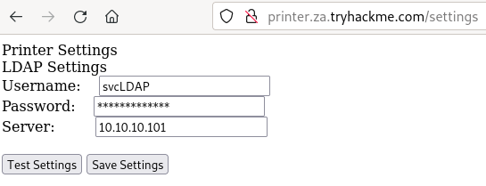 The printer's unauthenticated LDAP settings page, showing the svcLDAP username, a masked password field, and the configured LDAP server IP