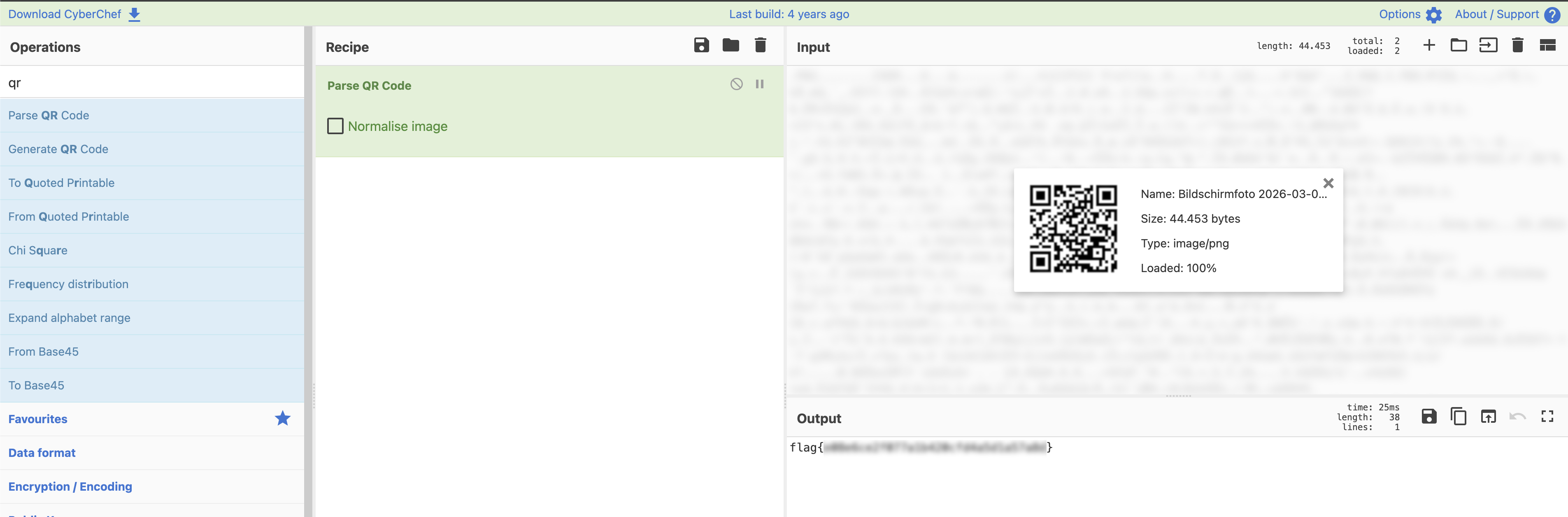 CyberChef Parse QR Code decoding the extracted QR code
