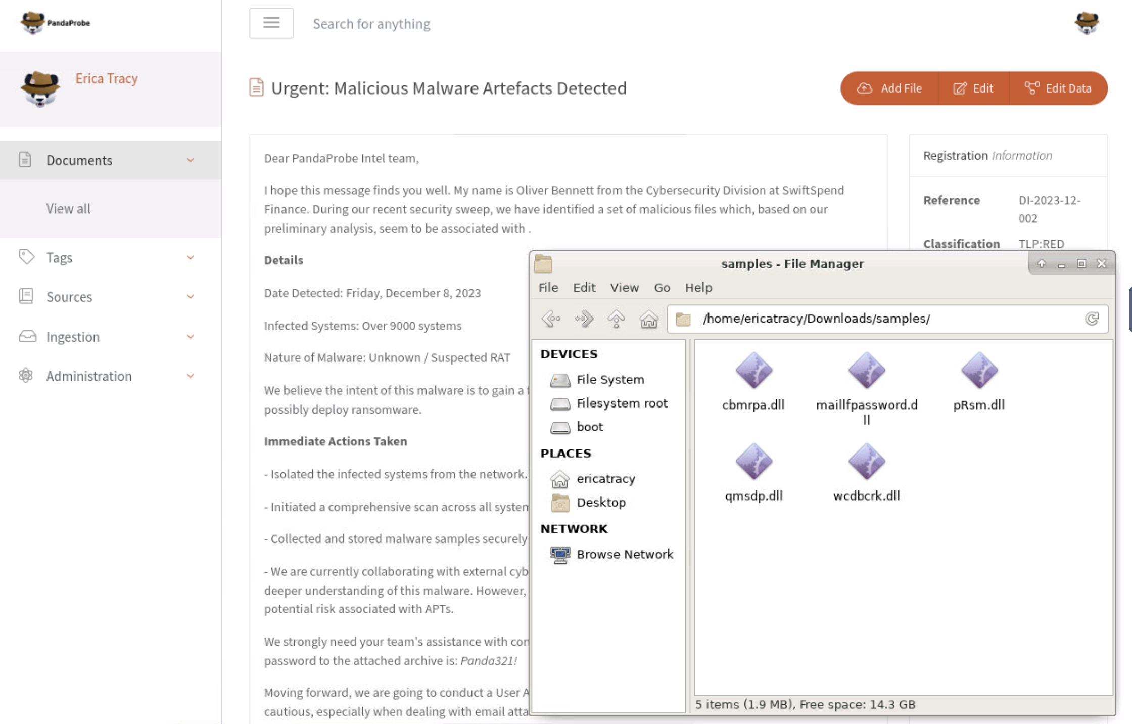 PandaProbe DocIntel platform showing the email from Oliver Bennett titled 'Urgent: Malicious Malware Artefacts Detected', classified TLP:RED, with a file manager open on the samples folder containing cbmrpa.dll, maillfpassword.dll, pRsm.dll, qmsdp.dll and wcdbcrk.dll