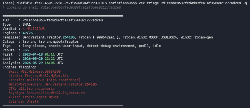 vex triage output for the SHA1 showing MALICIOUS verdict, 49/75 engines, families including Trojan.Win32.MGBOT.USBLBS24 and trojan.mgbot/fragtor, and tags long-sleeps, checks-user-input, detect-debug-environment