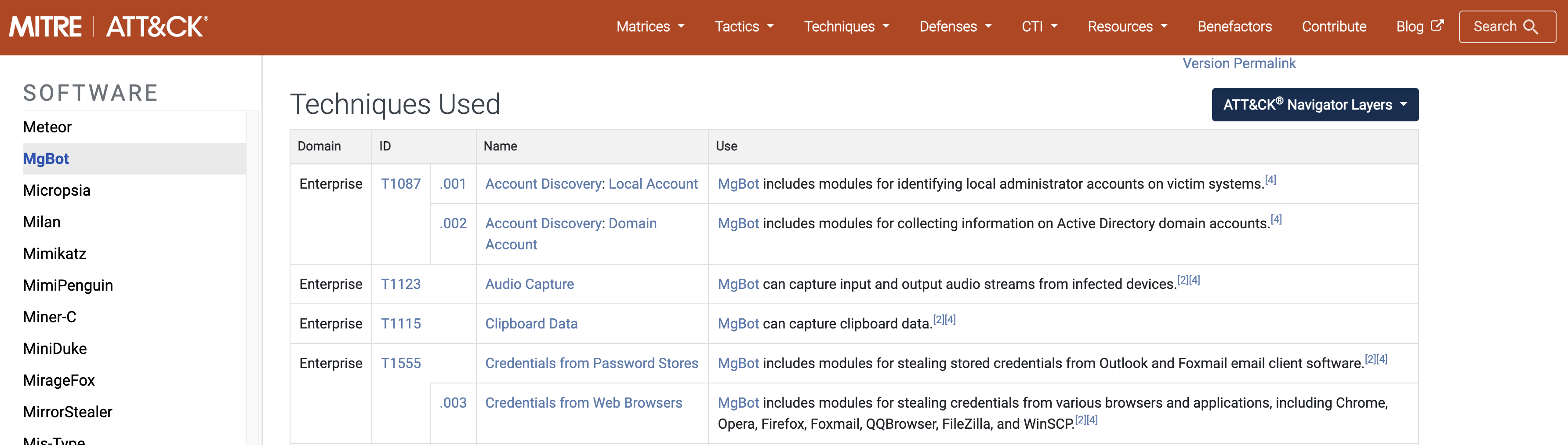 MITRE ATT&CK MgBot software page, Techniques Used table listing T1087.001/.002 Account Discovery, T1123 Audio Capture, T1115 Clipboard Data and T1555 Credentials from Password Stores with descriptions of each MgBot module