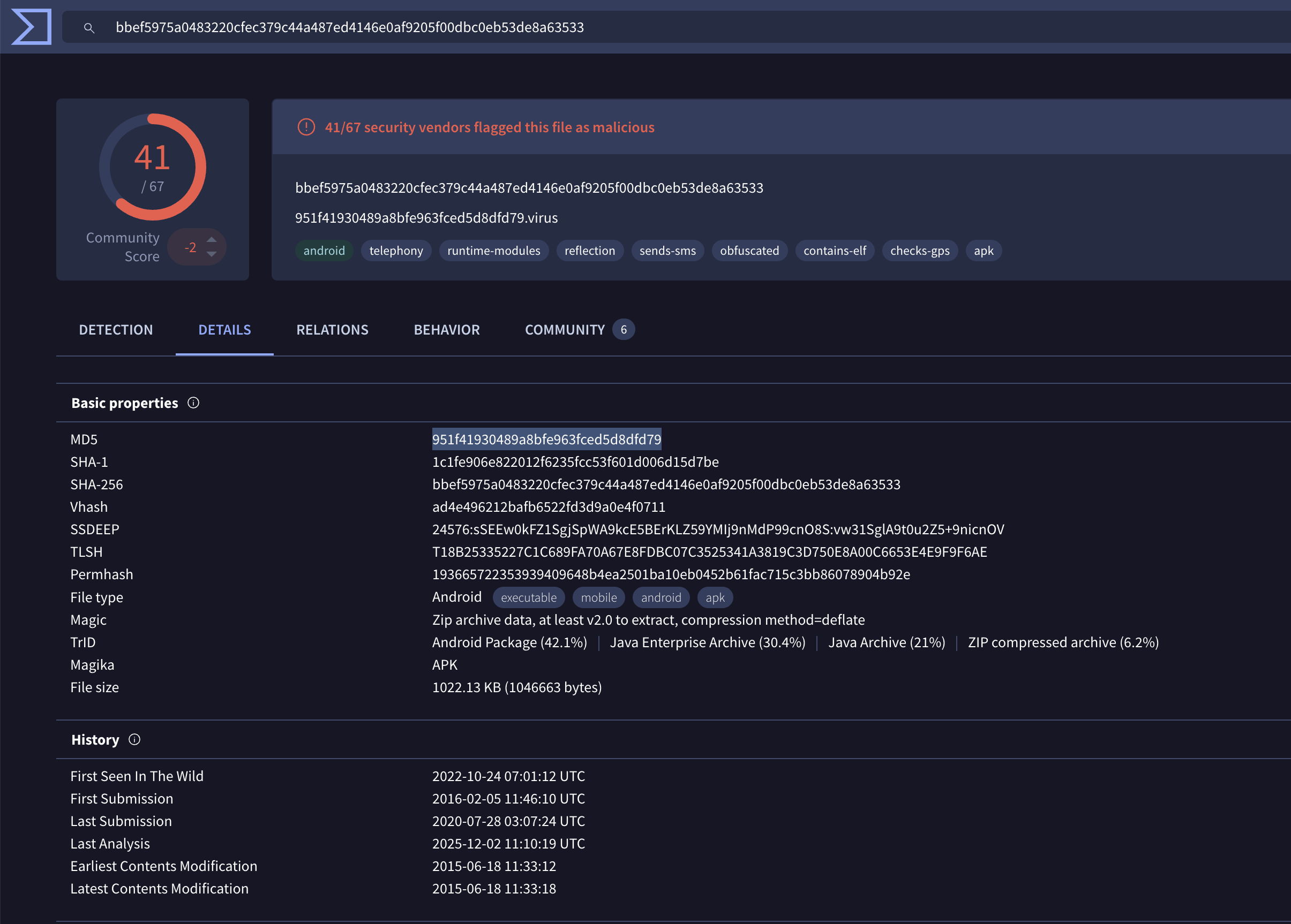 VirusTotal details page for the Android APK, 41/67 vendors flagged malicious, with MD5 951f41930489a8bfe963fced5d8dfd79 and SHA-1 1c1fe906e822012f6235fcc53f601d006d15d7be, tagged android, telephony, sends-sms, obfuscated