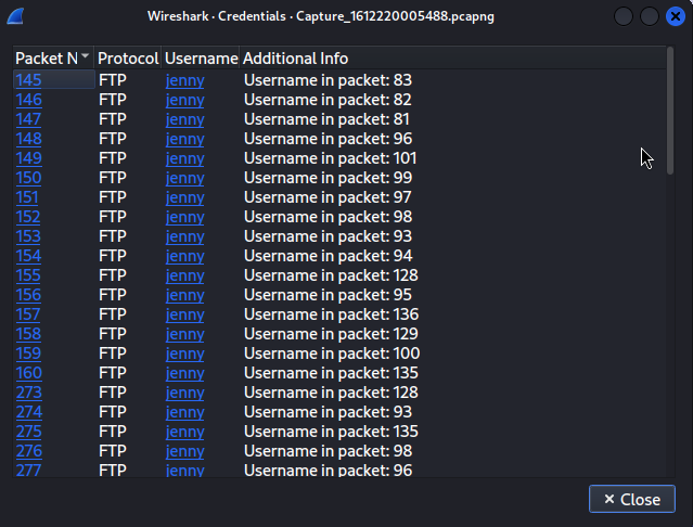 Wireshark Credentials dialog showing username jenny on all attempts