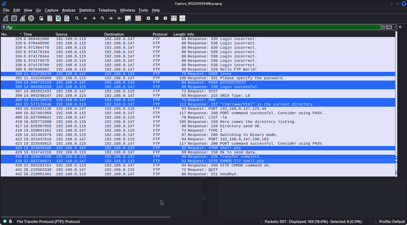 Full FTP command sequence — PWD, LIST, TYPE I, STOR shell.php, CHMOD 777, QUIT