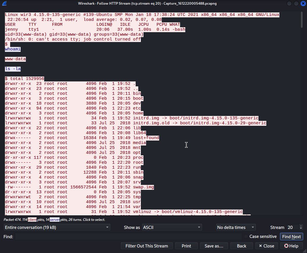 HTTP stream — whoami returns www-data, privilege escalation to root, Reptile rootkit cloned