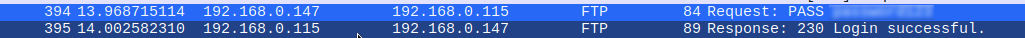 Frames 394 and 395 — successful FTP login after brute force
