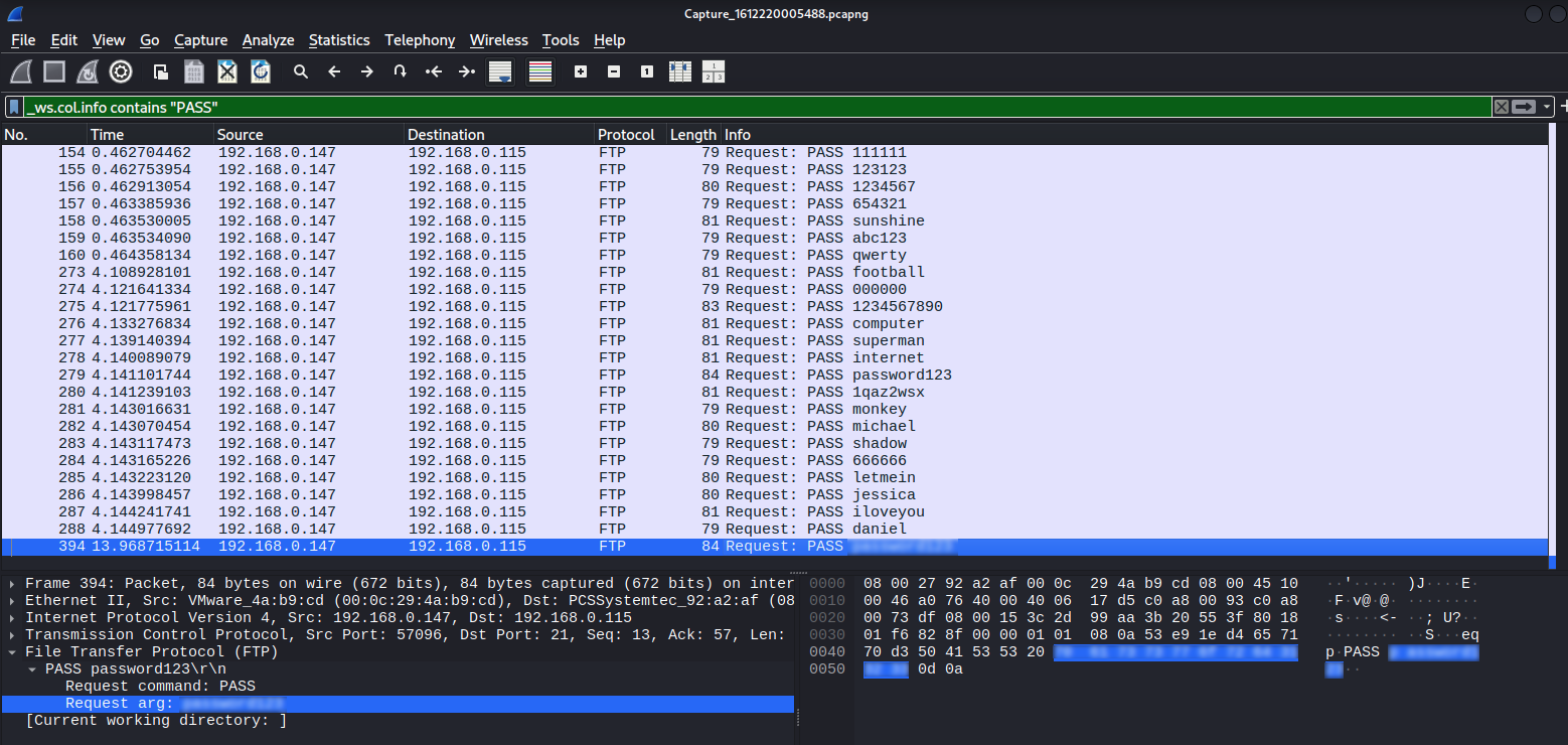 Wireshark showing FTP PASS requests — common passwords tried in sequence