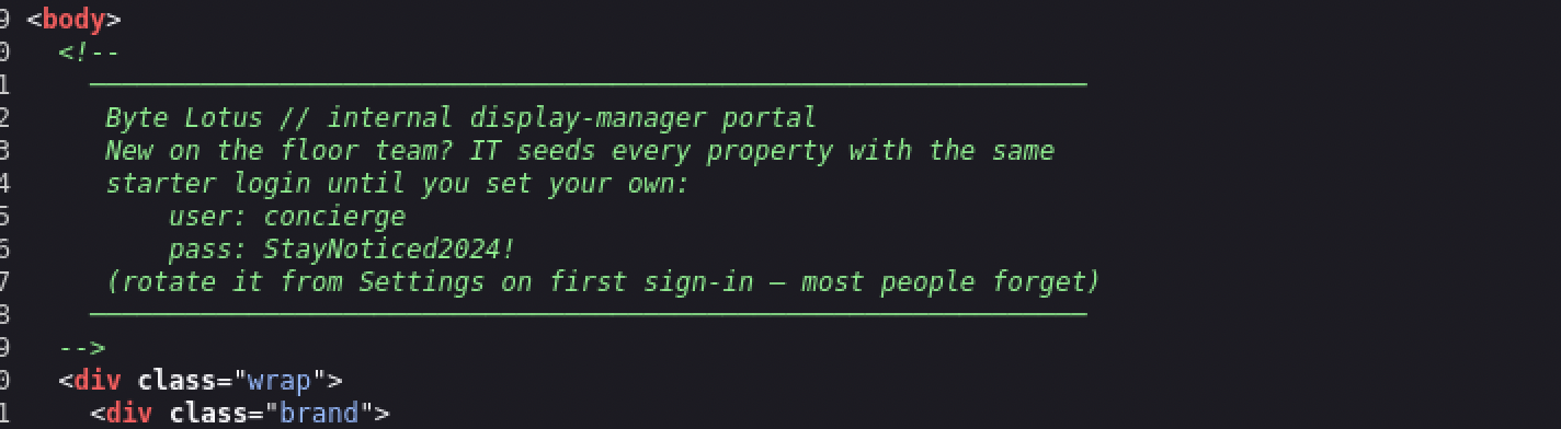 The page's HTML source, with a staff onboarding comment containing the default login credentials in plain text