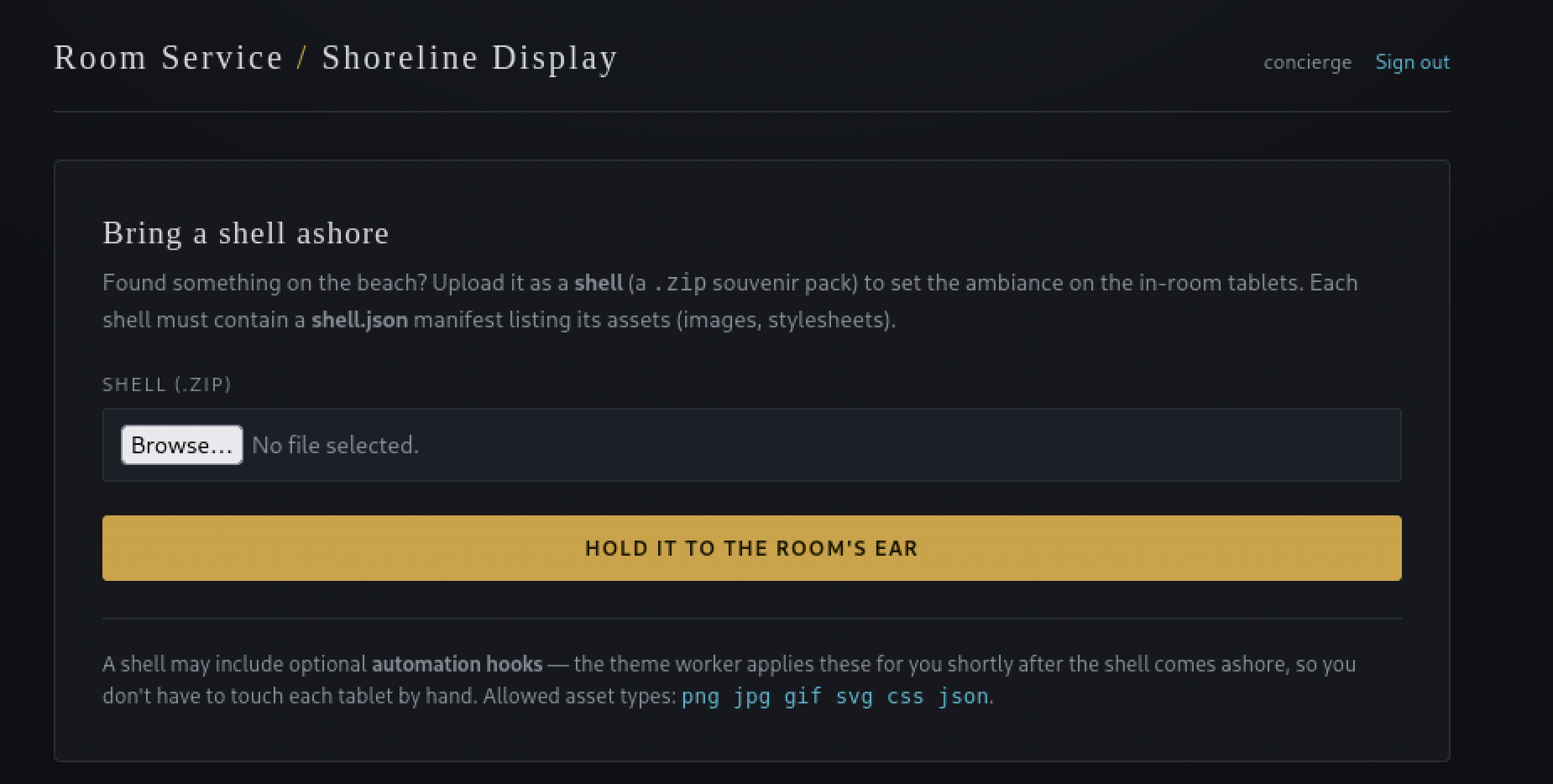The shell upload page, describing the shell.json manifest requirement and mentioning optional automation hooks applied by a background worker