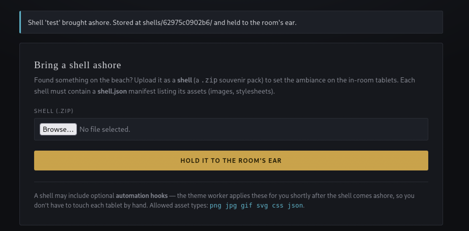 Confirmation that the test shell was stored at a specific path on the server, shells/62975c0902b6/