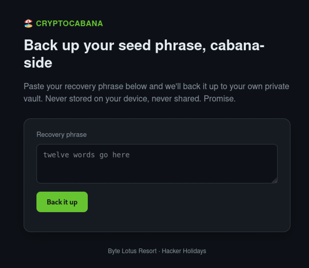 The CryptoCabana seed-phrase backup site