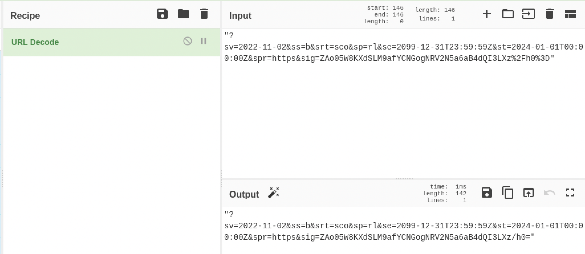 CyberChef decoding the SAS token's URL-encoded parameters