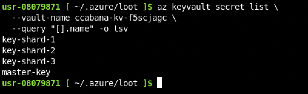 Listing the Key Vault's secrets: three key shards and a master key