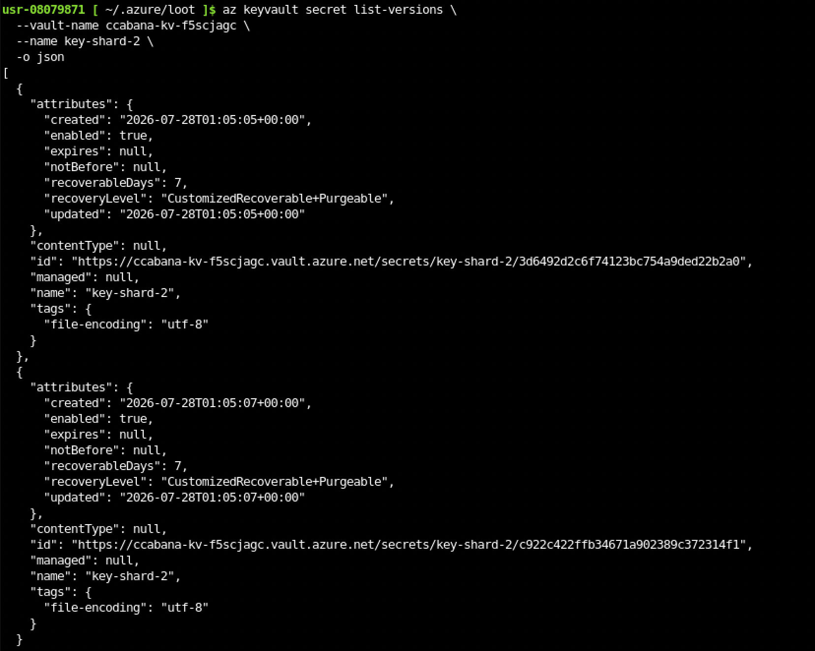 Listing version history for one key shard, showing an old and a new version