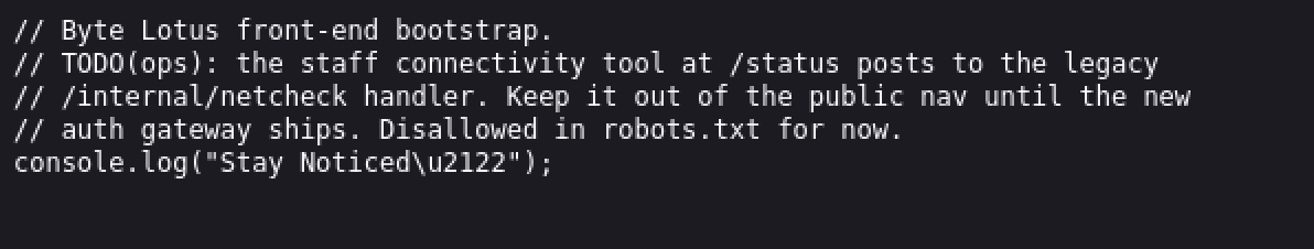 A developer comment in the page source, revealing the hiddenstatus tool and its internal handler