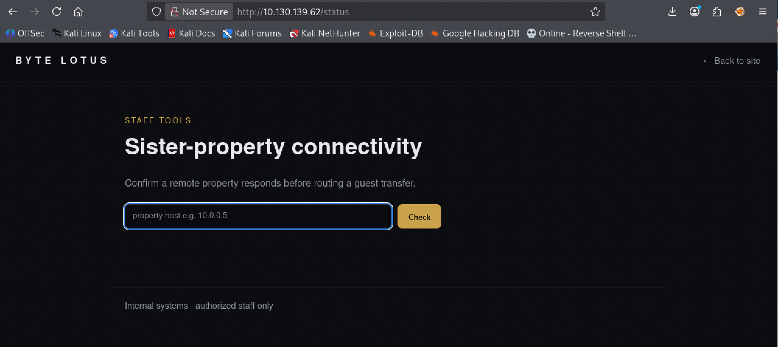 Thestatus page, a staff tool for pinging a host to check sister-property connectivity