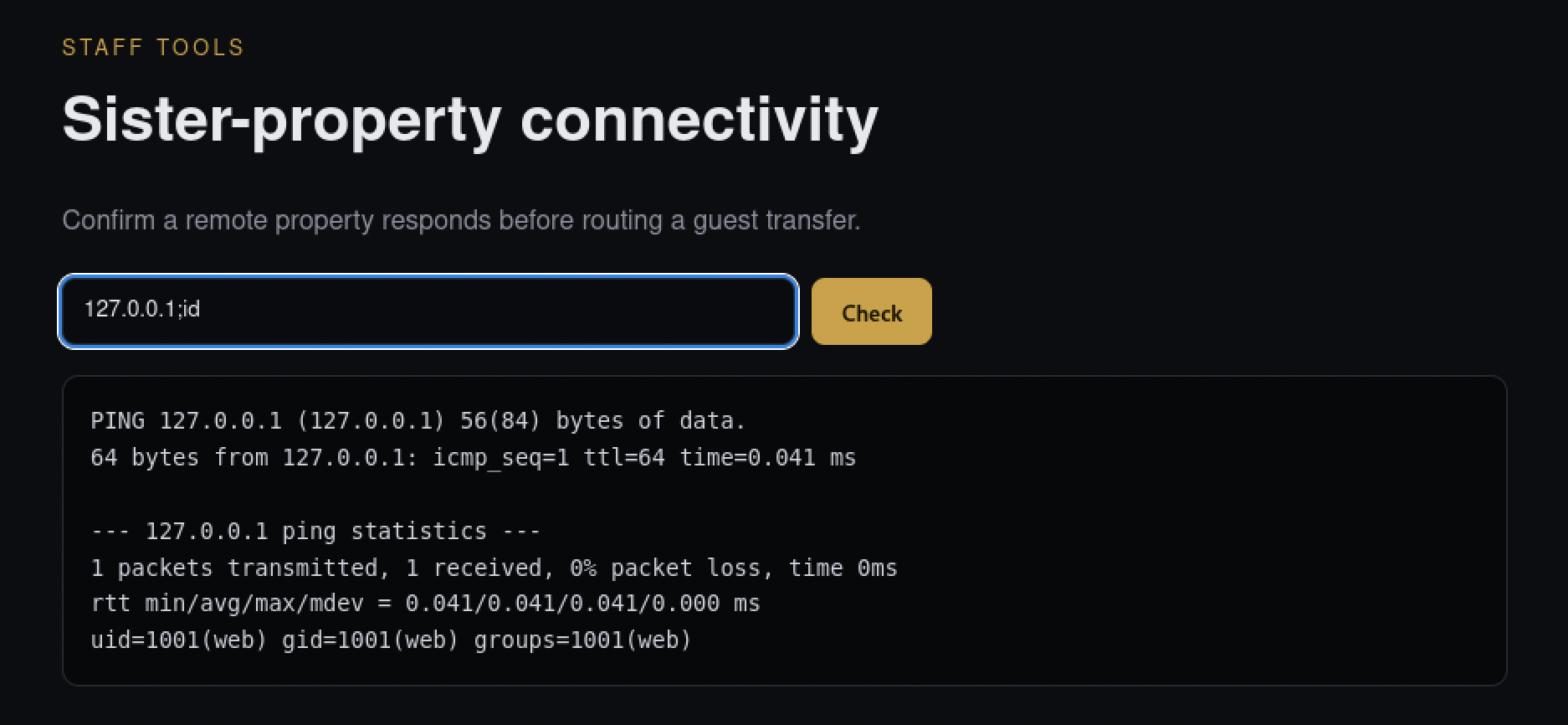 Injecting 127.0.0.1;id into the ping field, confirming command execution as the web user