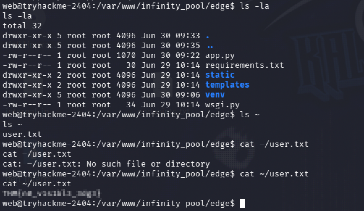 Listing the edge app's directory and reading the user flag