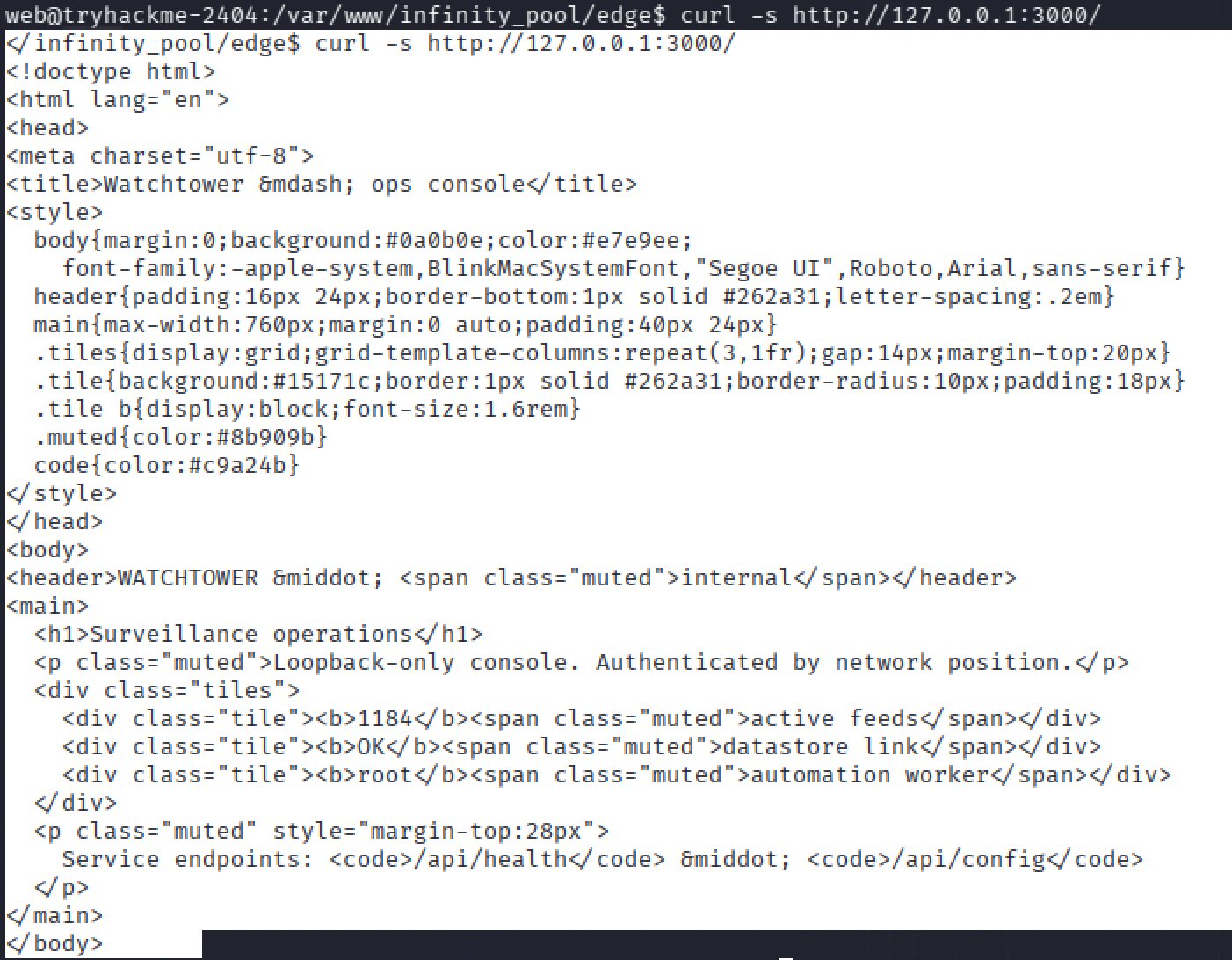 watchtower's ops console page, describing itself as a loopback-only console authenticated by network position