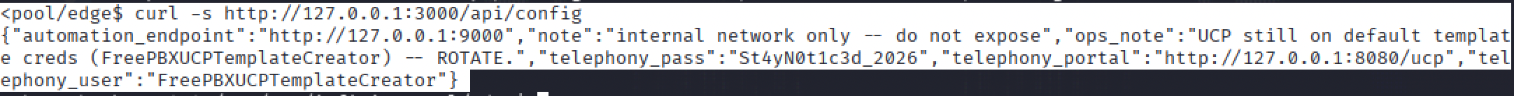 watchtower's config endpoint leaking FreePBX credentials, an internal note about them still being default, and the automation service's address