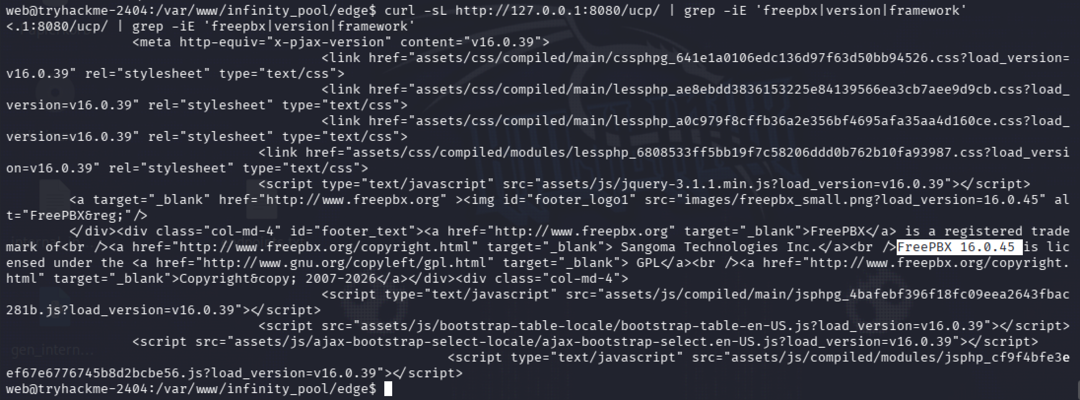 Confirming the exact FreePBX version, 16.0.45, from the login page's source